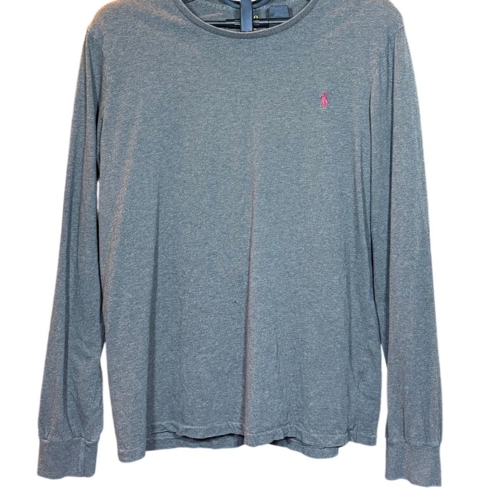 Polo Ralph Lauren Mens Grey Long Sleeve T-Shirt Custom Fit Pink Pony Logo L